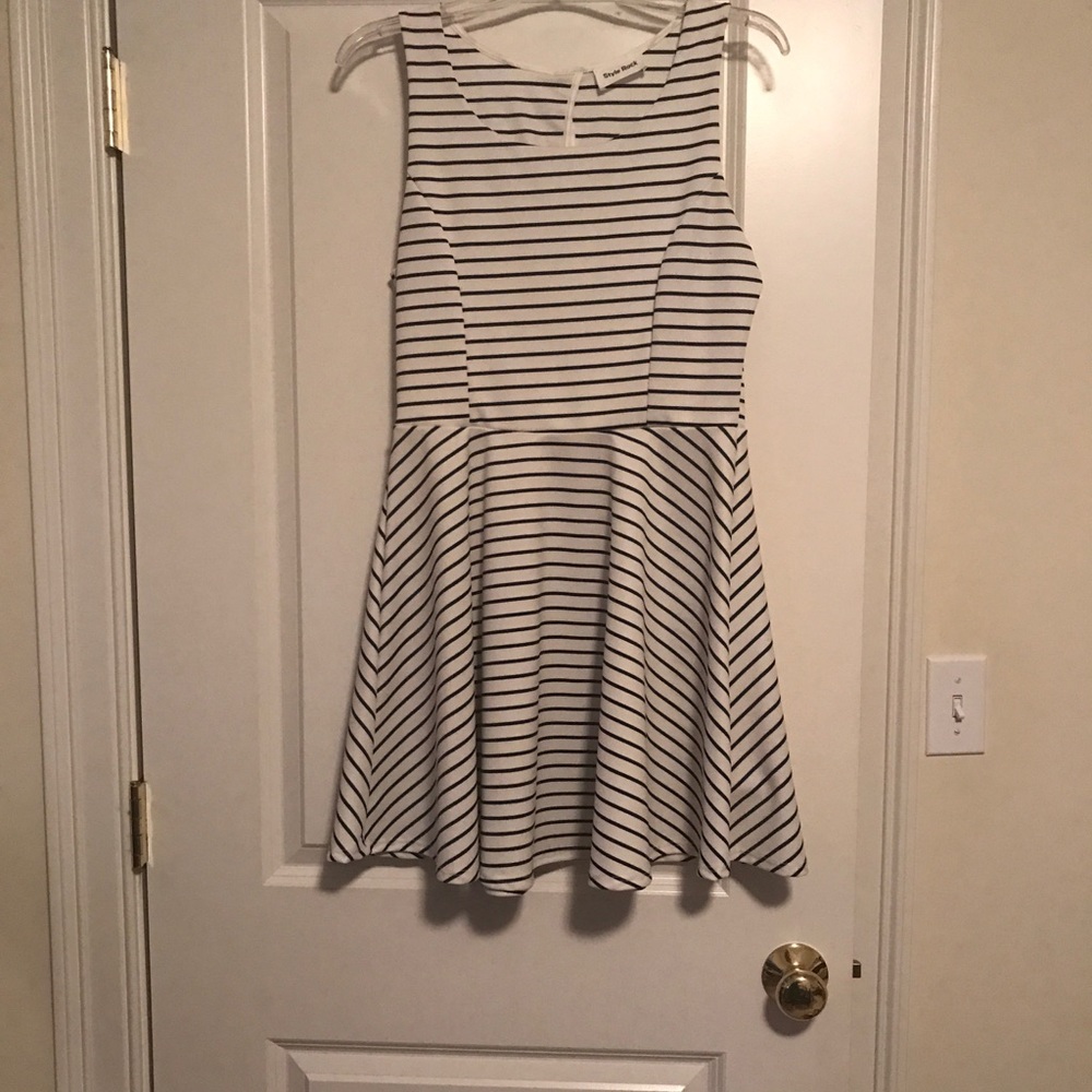 Navy and White Stripped Dress with Red Bow